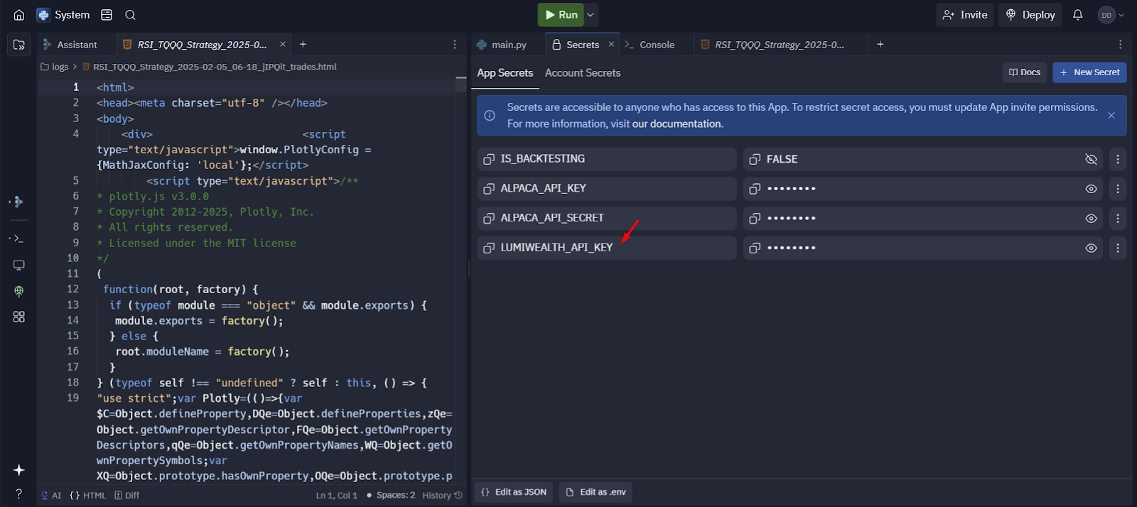 Copying Lumiwealth API Keys to Replit