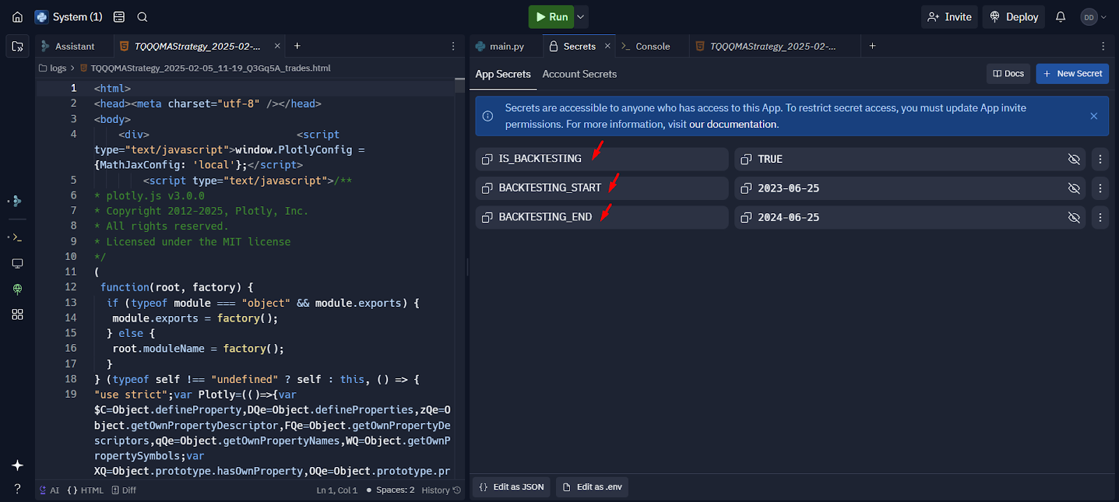 Setting Backtesting Values for Refined Strategy in Replit