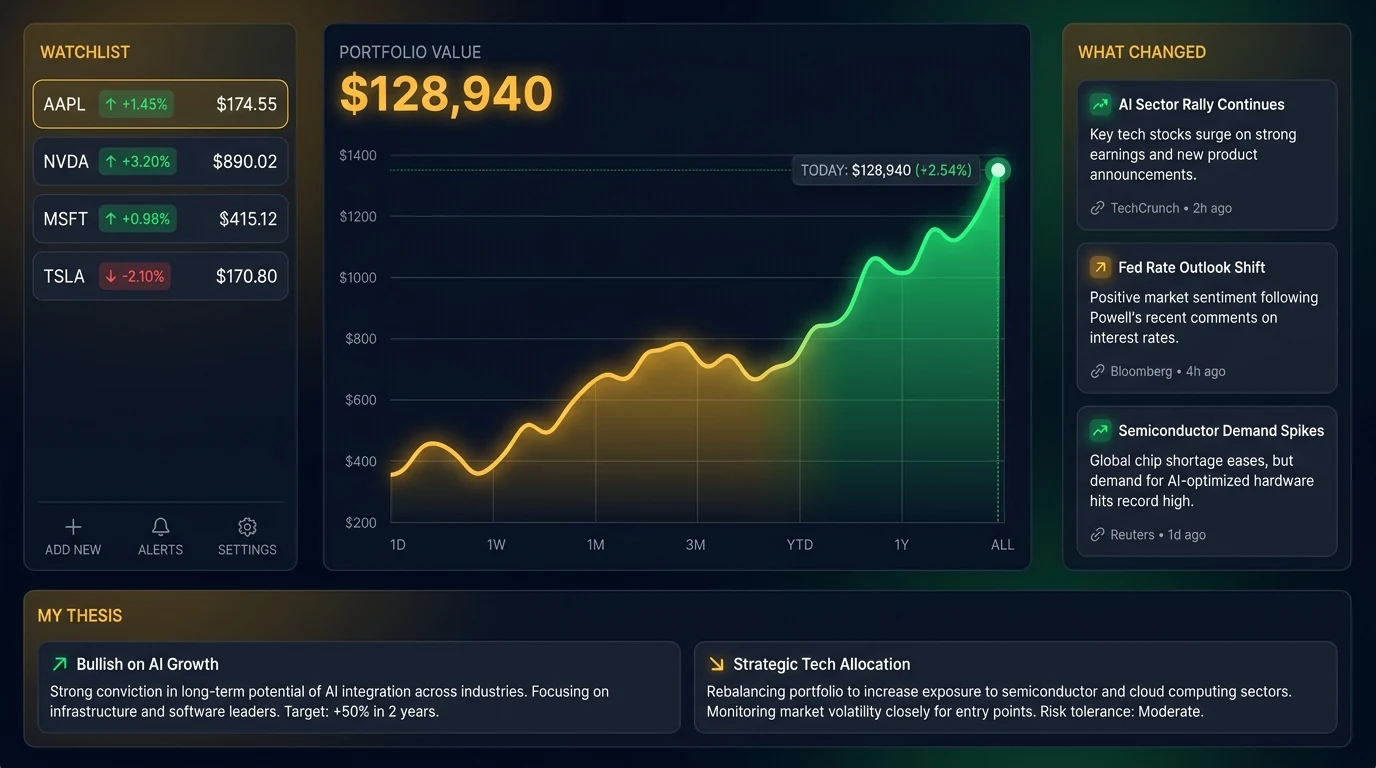AI trading workflow with a watchlist, portfolio view, thesis, and sourced market updates